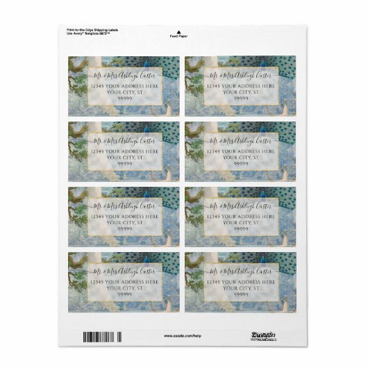 Étiquette Elégant Peacock Feathers Blanc Bleu Or Mariage (Feuille entière)