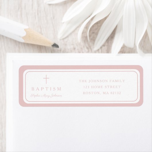 Étiquette Elegant Pink Cross Girl Baptism Return Address  (En situation)
