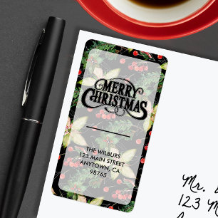 Étiquette Elegant Poinsettia Berries sur Black Adresse de re