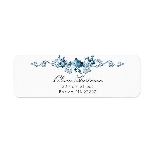 Étiquette Elégant Rococo Bleu & Blanc Floral (Devant)
