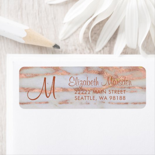 Étiquette Élégant Rose Gold Marble Script Adresse de retour (En situation)