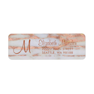 Étiquette Élégant Rose Gold Marble Script Adresse de retour