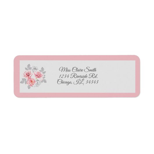 Étiquette Élégant rose Gris Floral Script Mariage Adresse (Devant)