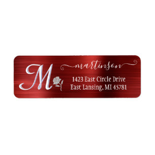 Étiquette Élégant Rouge brossé métal personnalisé Monogramme