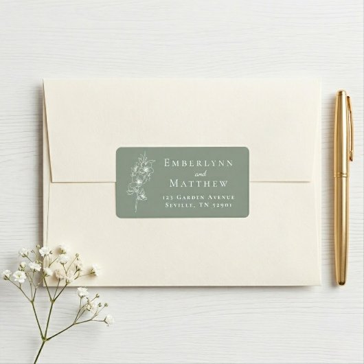Étiquette Elegant Sage Green Botanical Wedding Address