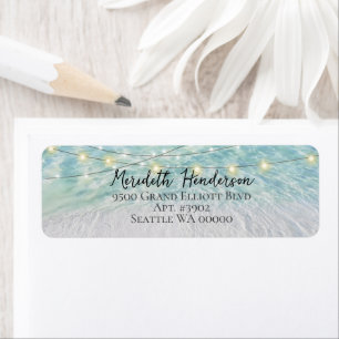 Étiquette Elégant Sandy Beach SeaGlass Lights Script Mariage
