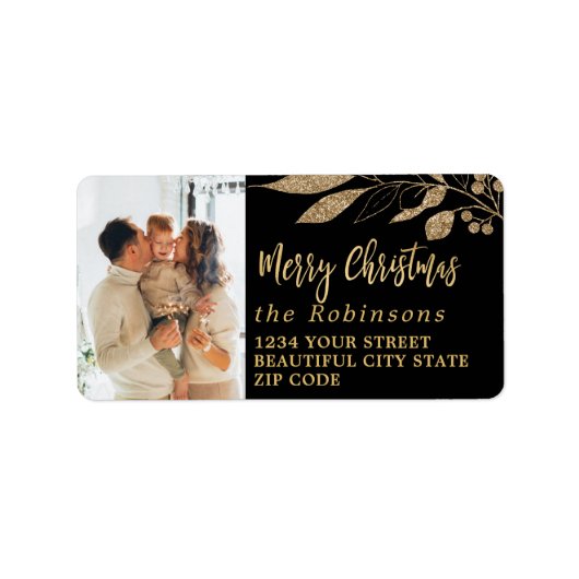 Étiquette Élégant Script Black Gold Christmas Adresse de ret (Devant)