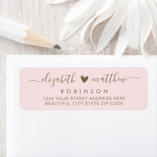 Étiquette Élégant Script Blush Gold Mariage Adresse de retou (En situation)