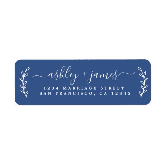 Étiquette Élégant Script Classic Blue Mariage Adresse de ret (Devant)