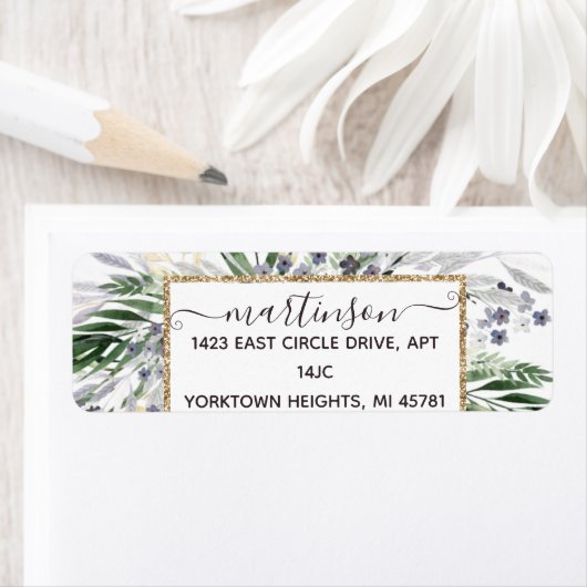 Étiquette Élégant Script de verdure Gold Frame Adresse de re (En situation)