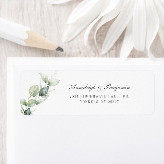 Étiquette Élégant Script Eucalyptus Mariage Adresse de retou (En situation)