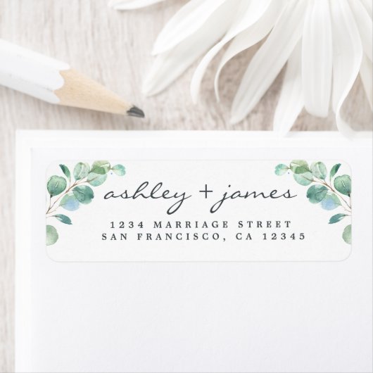 Étiquette Élégant Script Eucalyptus Mariage Adresse de retou (En situation)