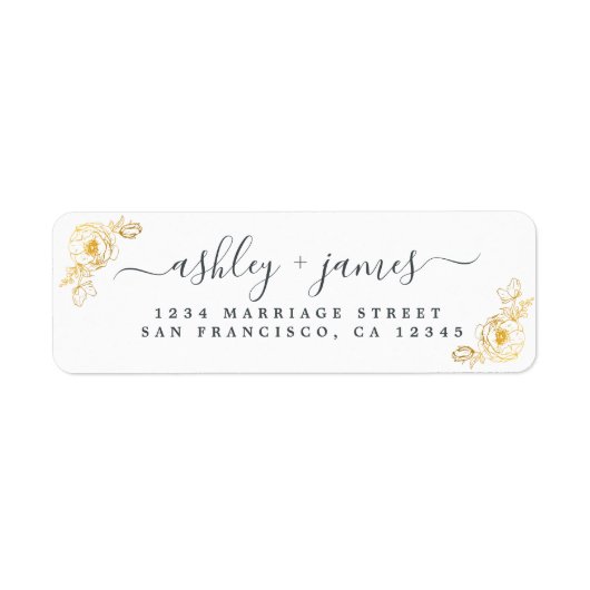 Étiquette Élégant Script Gold Floral Mariage Adresse de reto (Devant)
