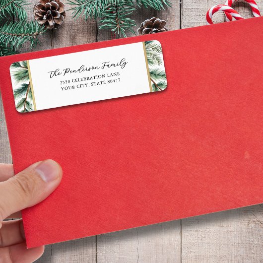 Étiquette Élégant Script Holiday Pines Gold Frame personnali