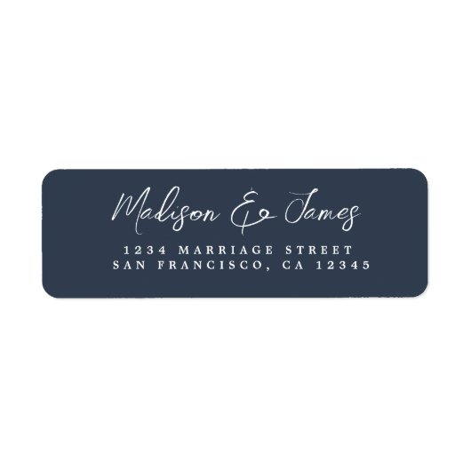 Étiquette Élégant Script Mariage bleu foncé Adresse de retou (Devant)