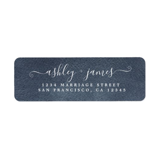 Étiquette Élégant Script Mariage bleu foncé Adresse de retou (Devant)