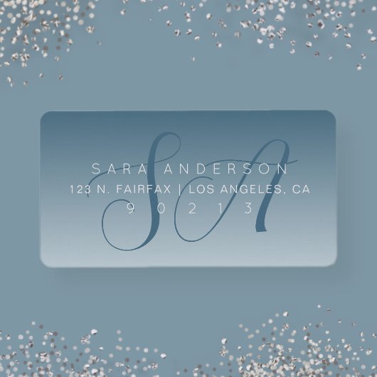 Étiquette Élégant Script Monogram Ombre Blue Adresse de reto