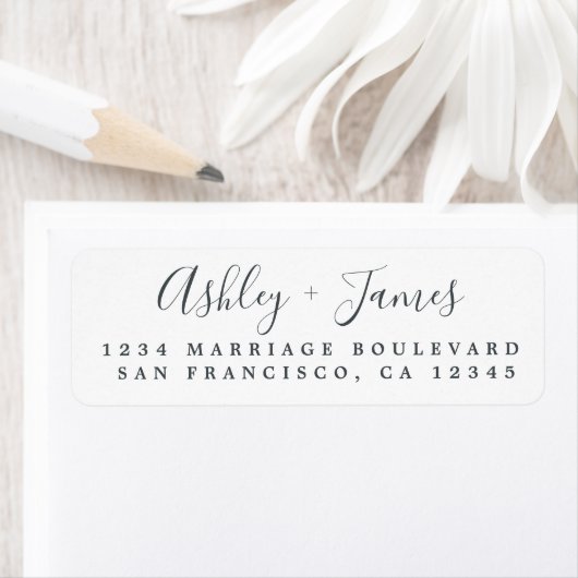 Étiquette Élégant Script noir blanc Mariage Adresse de retou (En situation)