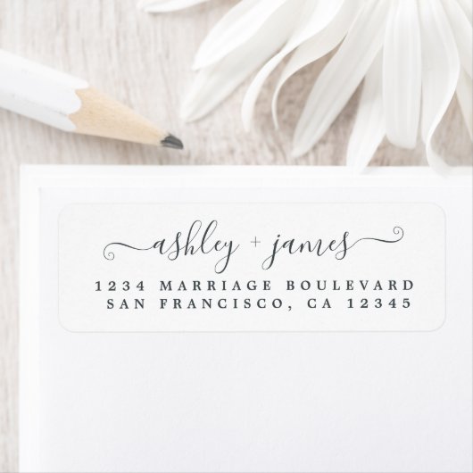 Étiquette Élégant Script noir blanc Mariage Adresse de retou (En situation)