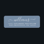 Étiquette Élégant Script Vintage Blue Family Adresse de reto<br><div class="desc">Étiquette d'adresse de retour de nom de famille chic, moderne et simple avec votre nom en blanc élégant manuscrit calligraphie sur un arrière - plan bleu vintage. Ajoutez simplement votre nom et votre adresse. Conçu exclusivement pour vous par Happy Dolphin Studio. Si vous avez besoin d'aide ou de produits correspondants,...</div>
