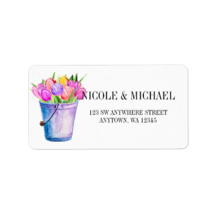 Étiquette Élégant seau rempli de tulipes d'aquarelle mariage