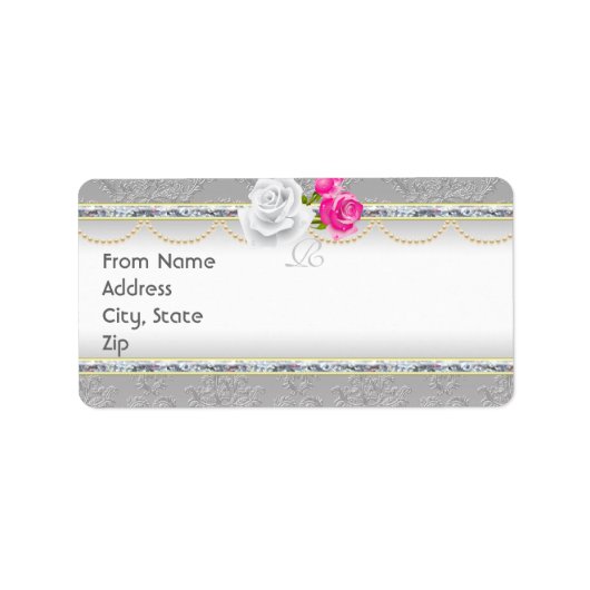 Étiquette Elegant Silver Damask et Rose Monogram Adresse (Devant)