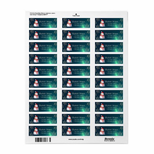 Étiquette Élégant, Snowman, Snowflakes, Vert (Feuille entière)