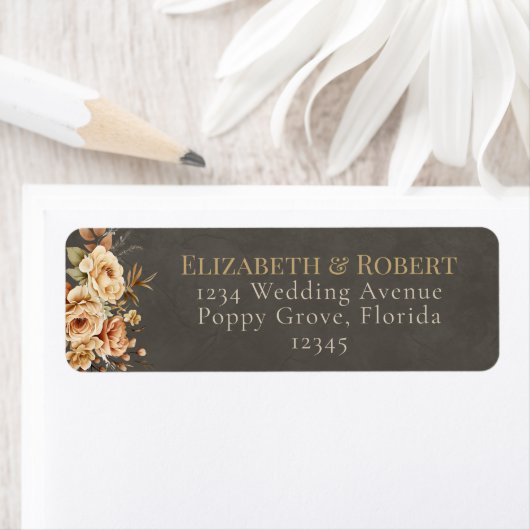 Étiquette Elegant Taupe Floral Wedding Address Label (En situation)