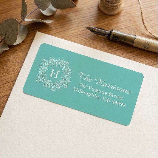 Étiquette Élégant Tiffany Turquoise vert Floral Wreath Monog