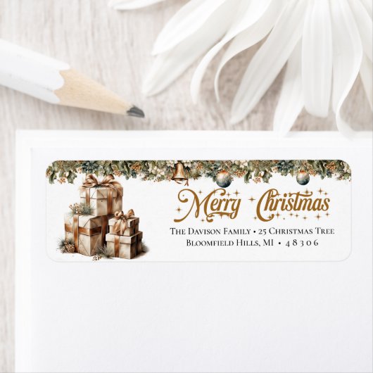 Étiquette Elégant tons terreux vert or cadeau de Noël (En situation)