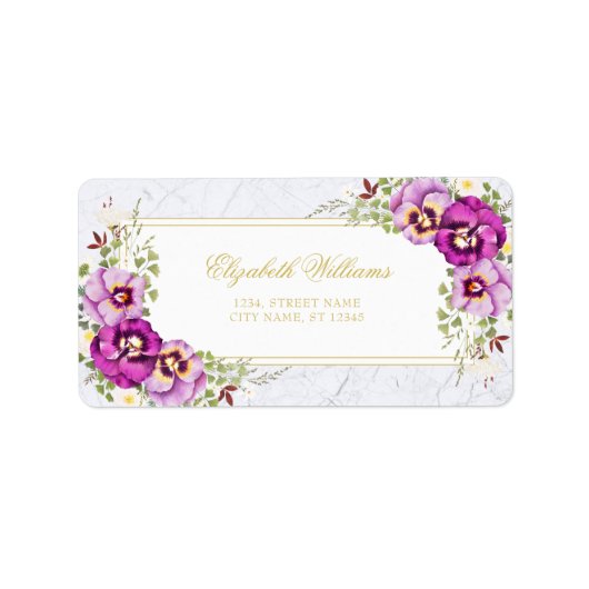 Étiquette Elégant Vintage Floral Pansies violet marbre Étiqu (Devant)
