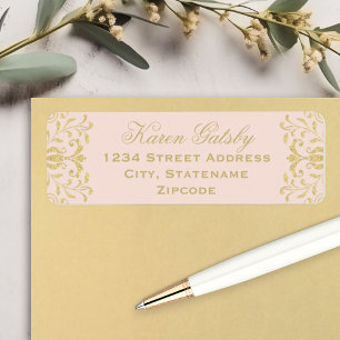Étiquette Élégante Adresse de Mariage en Rose Doré Damassé