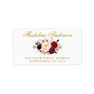 Étiquette Élégante Bourgogne Floral Gold Adresse