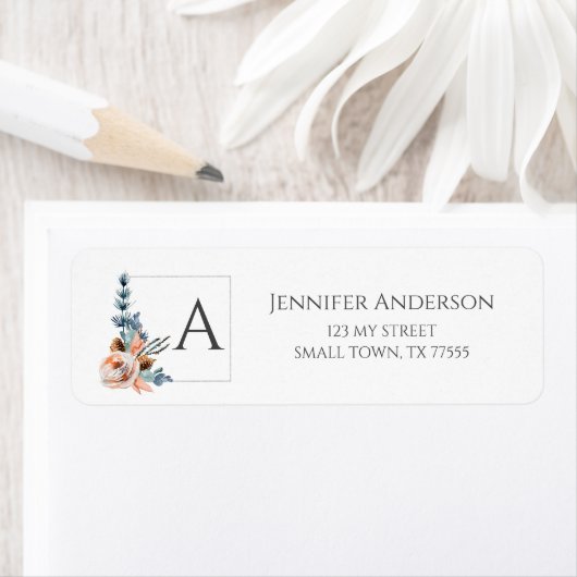 Étiquette Élégante Brosse bleu floral Adresse initiale (En situation)