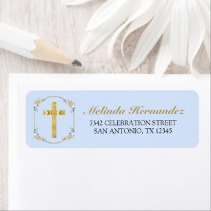 Étiquette Elégante Croix d'or Bleu Floral 1ère Sainte Commun