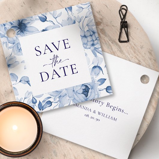 Étiquette Élégante Fleurs Bleues "Save the Date"