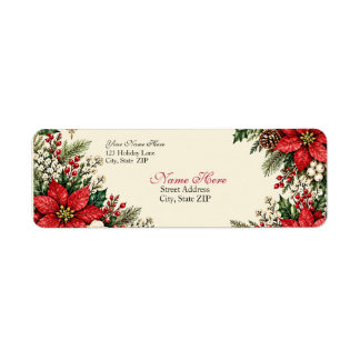 Étiquette Élégante Poinsettia et Houx de Noël Vintage
