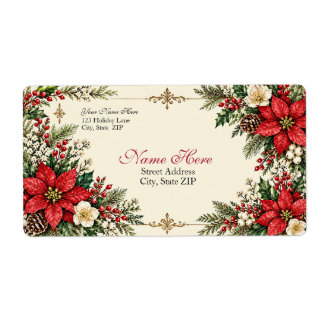 Étiquette Élégante Poinsettia et Houx de Noël Vintage