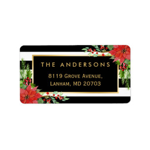 Étiquette Elégante Red Poinsettia Floral Gold Frame Holiday