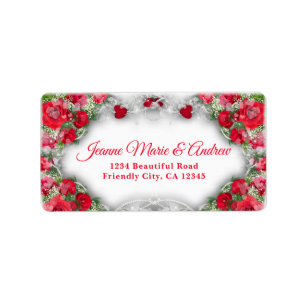Étiquette Elégante Rose Rouge Coeur Fleurs de Mariage