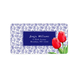 Étiquette Elégante Tulipes Rouges Printemps Floral Bleu