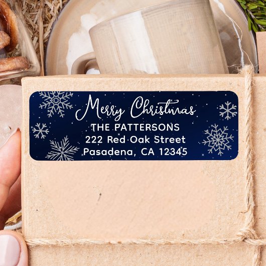 Étiquette Élégants flocons d'argent sur le bleu nuit Noël