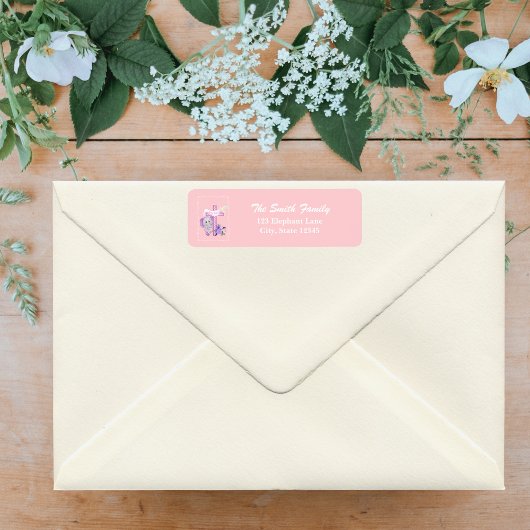 Étiquette Eléphant De Bébé Rose Avec La Colombe Et Le Baptêm