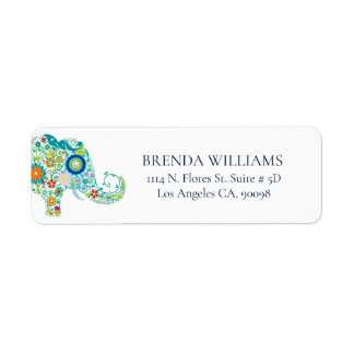 Étiquette Éléphant Floral Mignon Sur Typographie Bleue Blanc