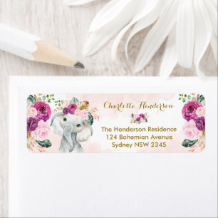 Étiquette Eléphant Floral Violet Blush Boho Baby Girl