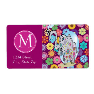 Étiquette Éléphant hippie mignon avec les fleurs colorées