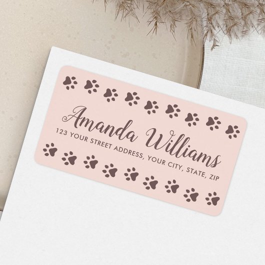 Étiquette Empreintes de pattes rousse rose brun joli script 