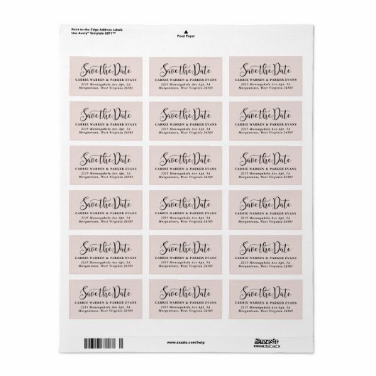 Étiquette Enregistrer la date simple rose pâle adresse de re (Feuille entière)