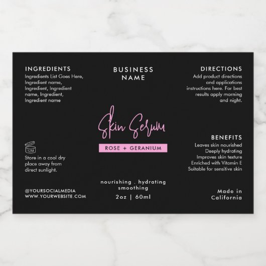 Étiquette étanche noir et rose 2 OZ (Étiquettes simples)