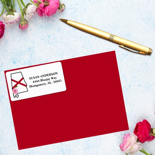 Étiquette Etat de l'Alabama Drapeau avec Fleur d'Etat Camell